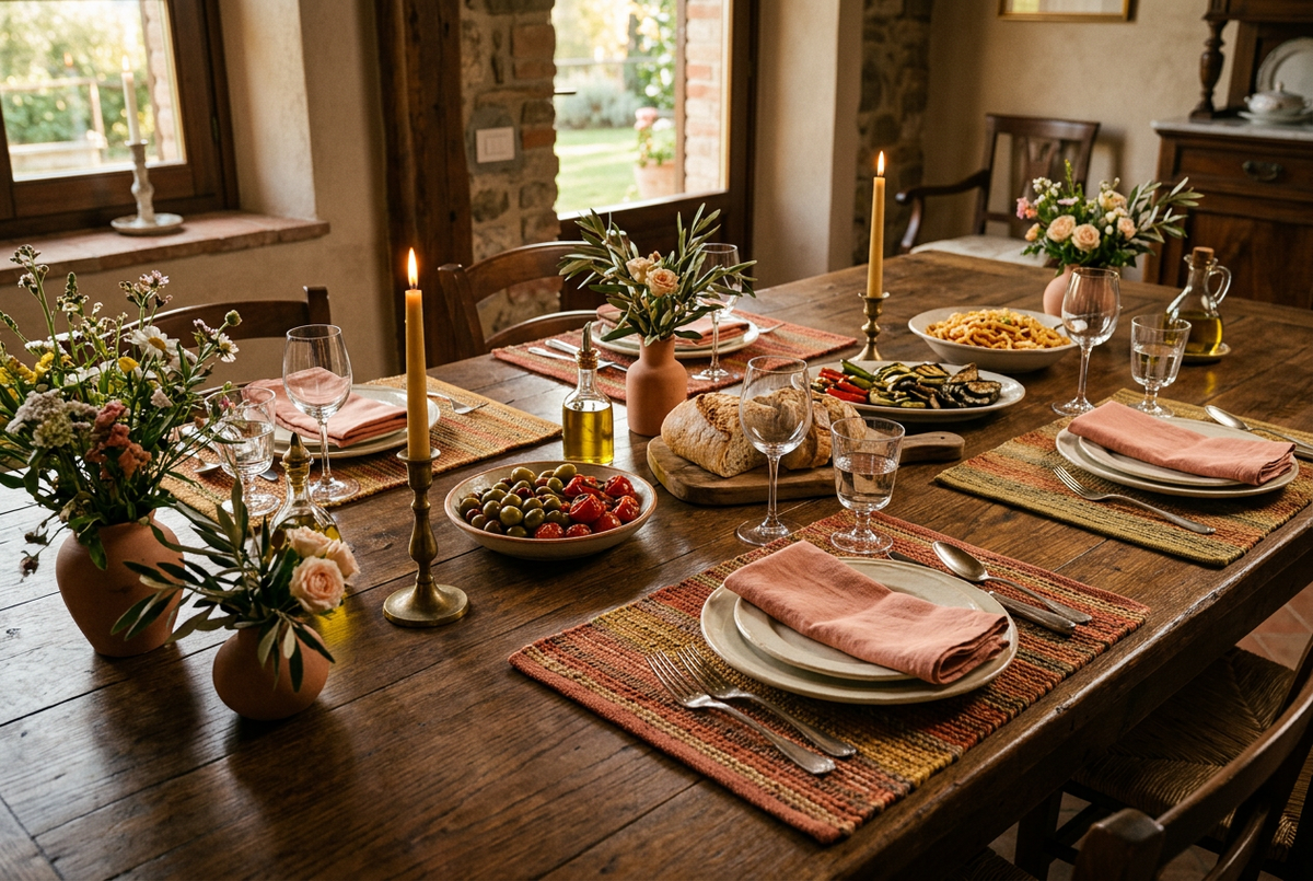 Cinematic gathering table with colorful placemats, shared dishes, and warm candlelight