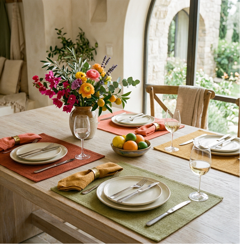 Colorful dining hero with terracotta, coral, ochre, and olive table accents