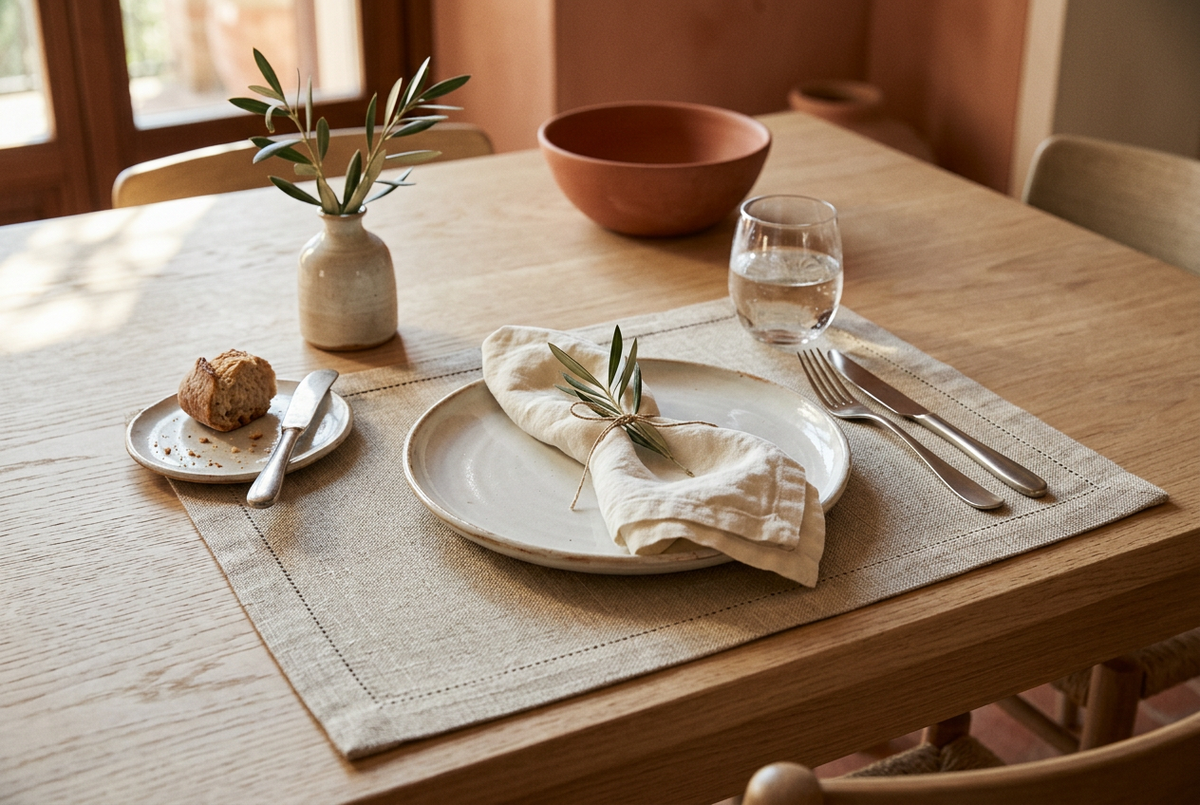 Warm everyday table setting with a woven placemat, ivory ceramics, and thoughtful details